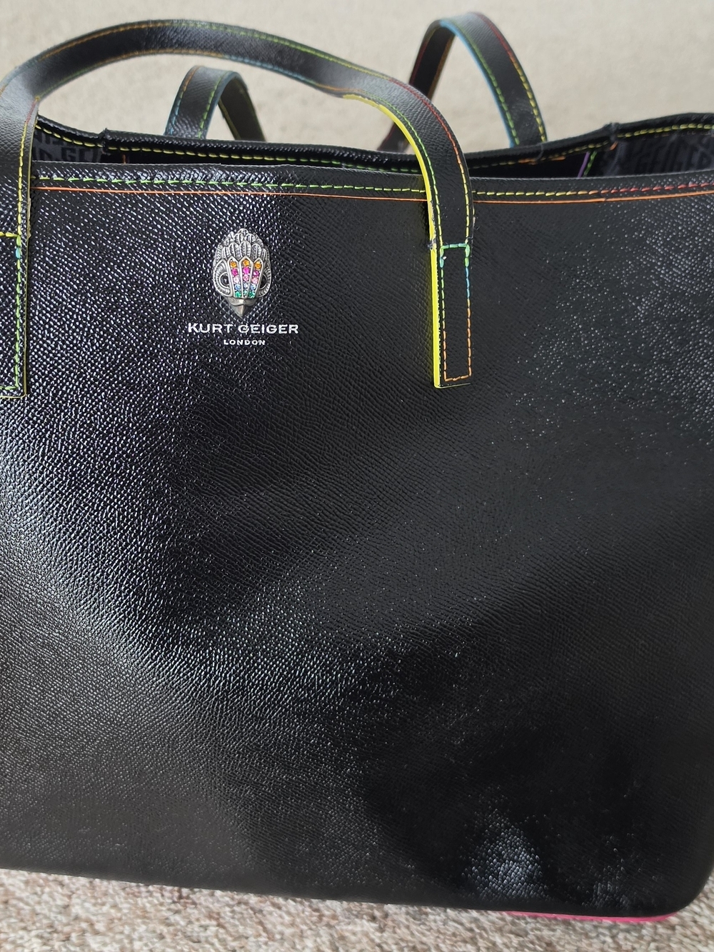 Kurt Geiger Black Kensington Leather Tote with Rainbow Stitching